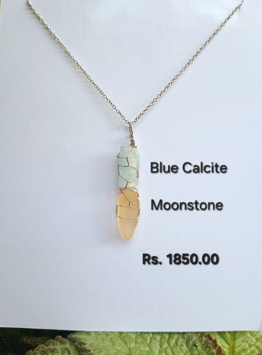 Blue Calcite + Moonstone Mixed Pendant Necklaces, Stainless Steel