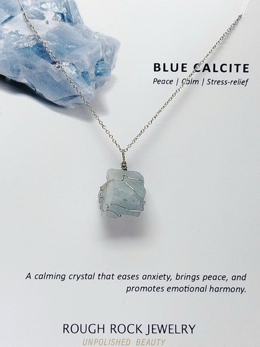Blue Calcite Pendant Necklace, Stainless Steel