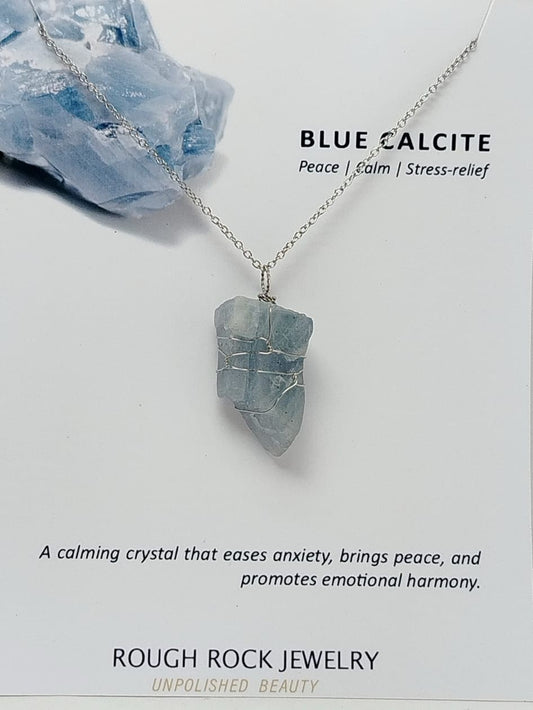 Blue Calcite Pendant Necklace, Stainless Steel