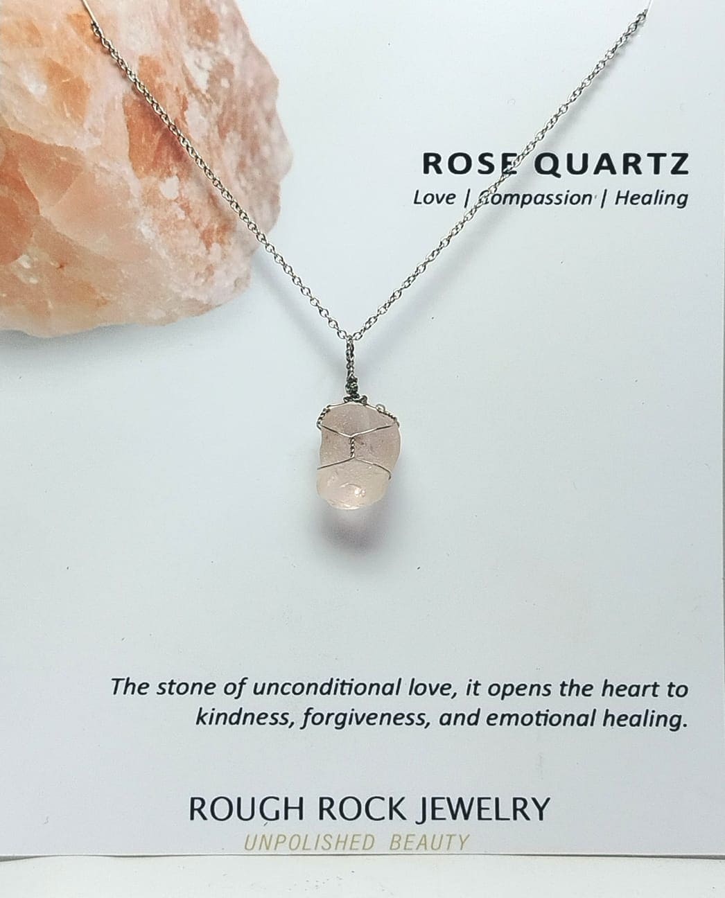 Rose Quartz Pendant Necklace, Stainless Steel