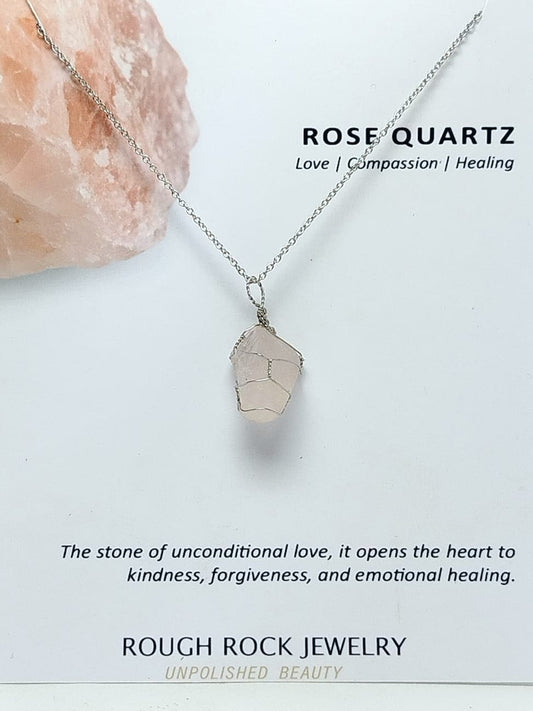 Rose Quartz Pendant Necklace, Stainless Steel