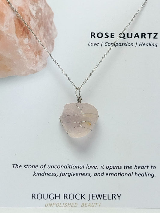 Rose Quartz Pendant Necklace, Stainless Steel