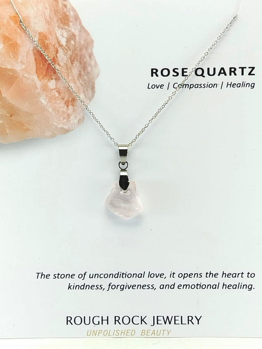 Rose Quartz Pendant Necklace, Stainless Steel