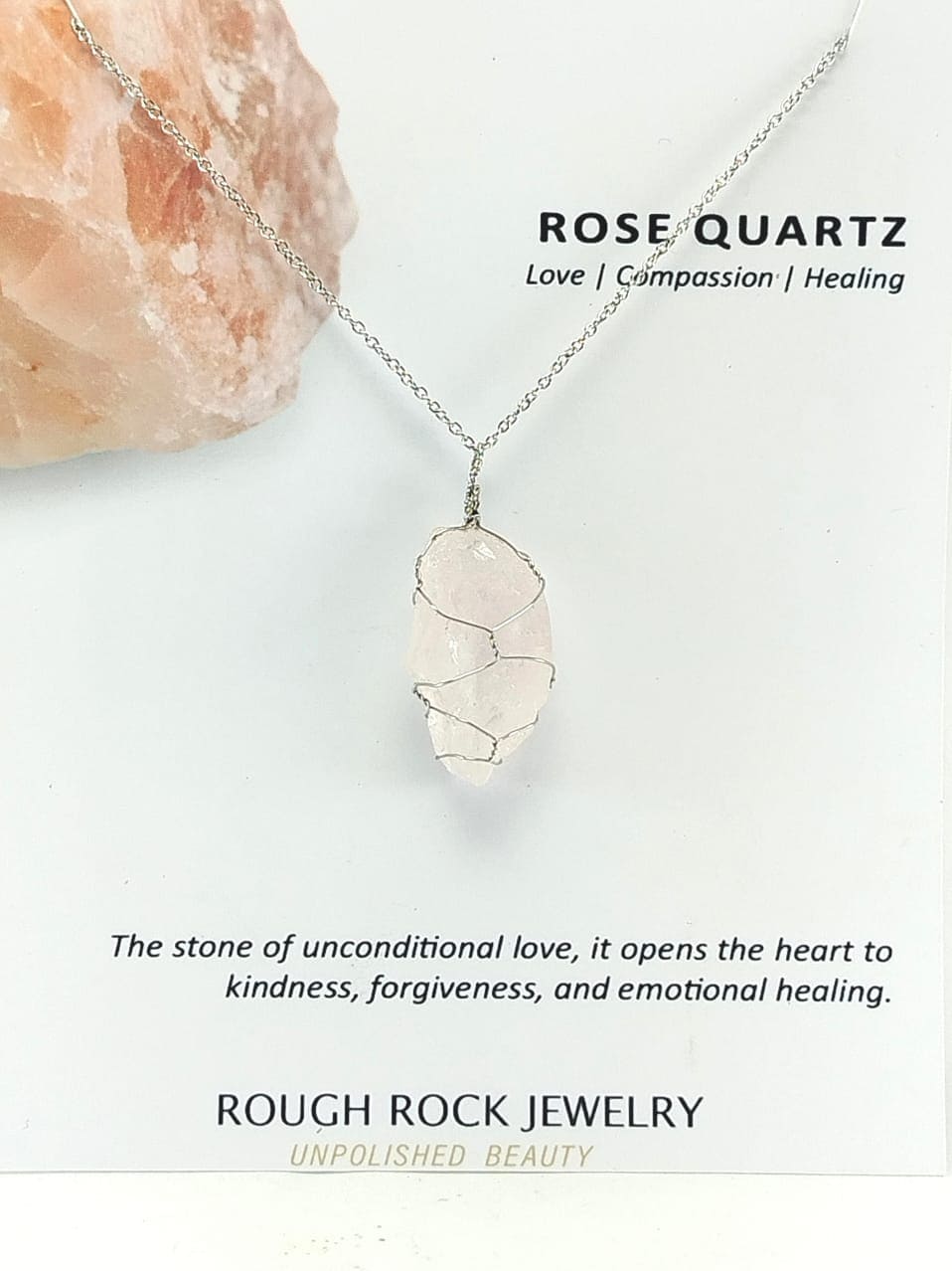 Rose Quartz Pendant Necklace, Stainless Steel