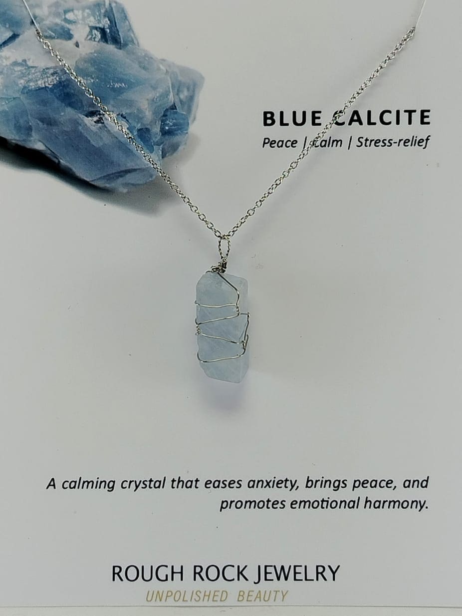 Blue Calcite Pendant Necklace, Stainless Steel