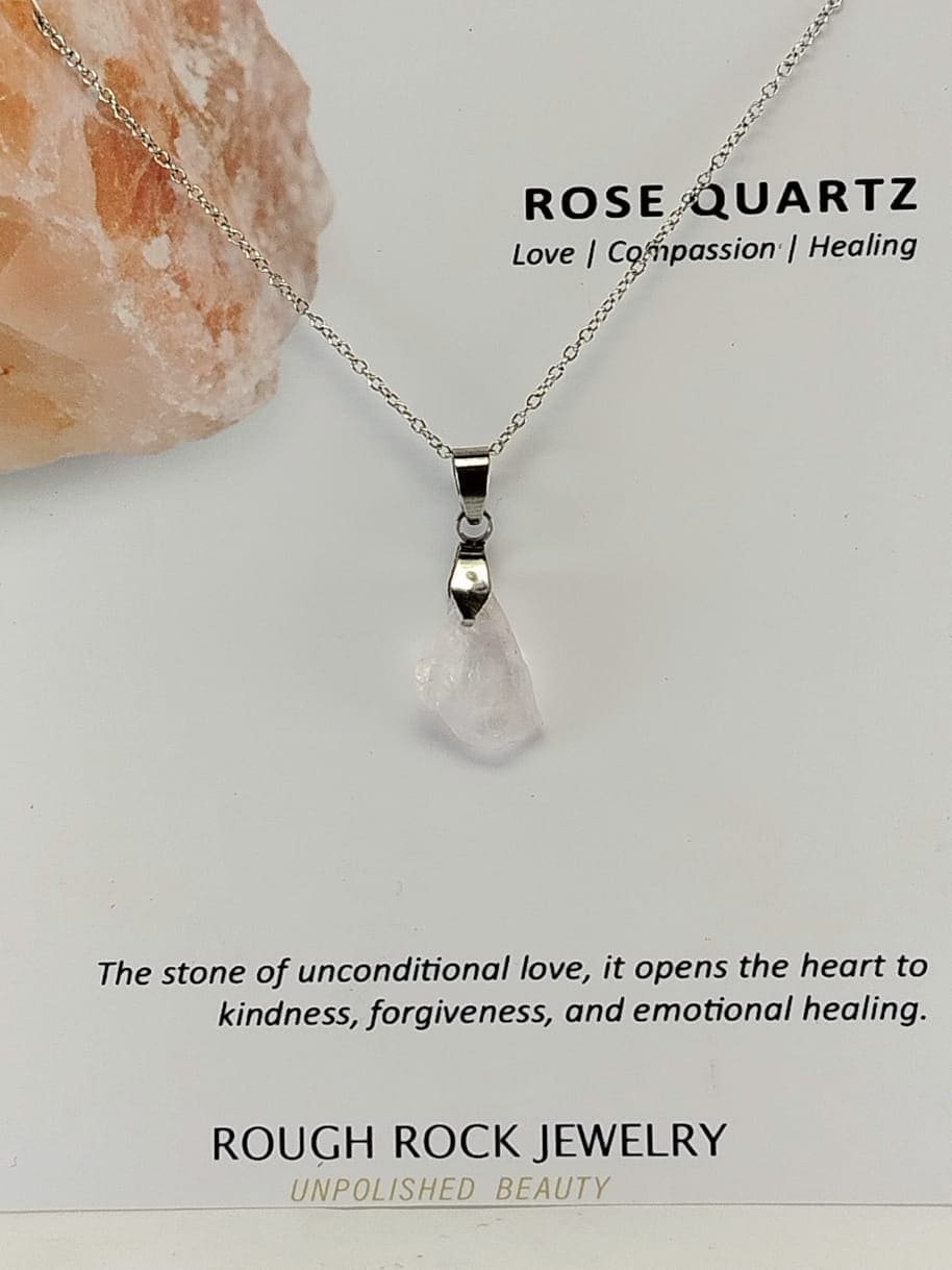 Rose Quartz Pendant Necklace, Stainless Steel