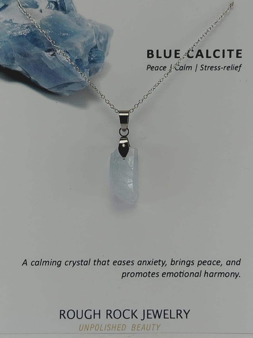 Blue Calcite Pendant Necklace, Stainless Steel