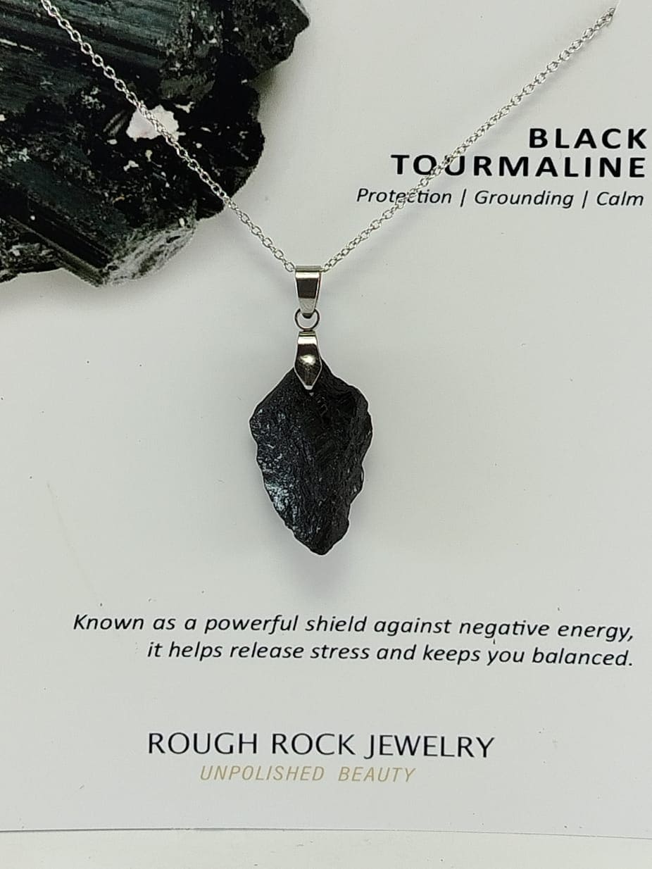 Black Tourmaline Pendant Necklaces, Stainless Steel