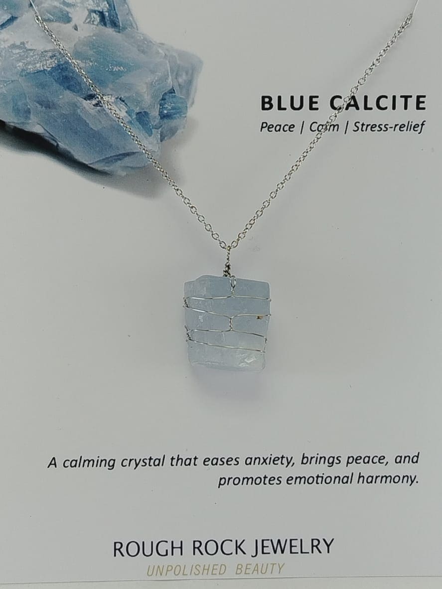Blue Calcite Pendant Necklace, Stainless Steel
