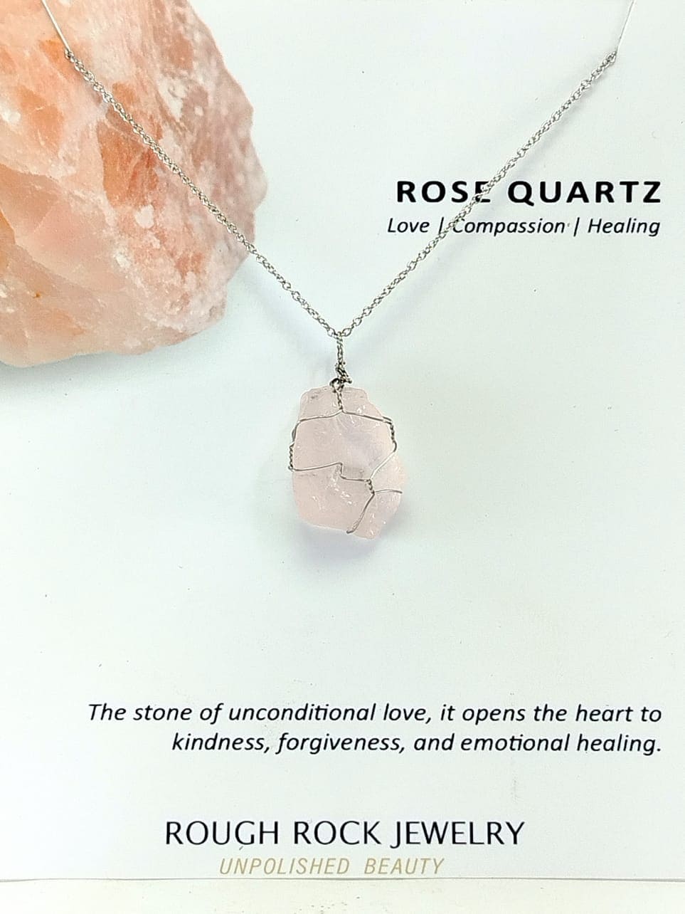 Rose Quartz Pendant Necklace, Stainless Steel