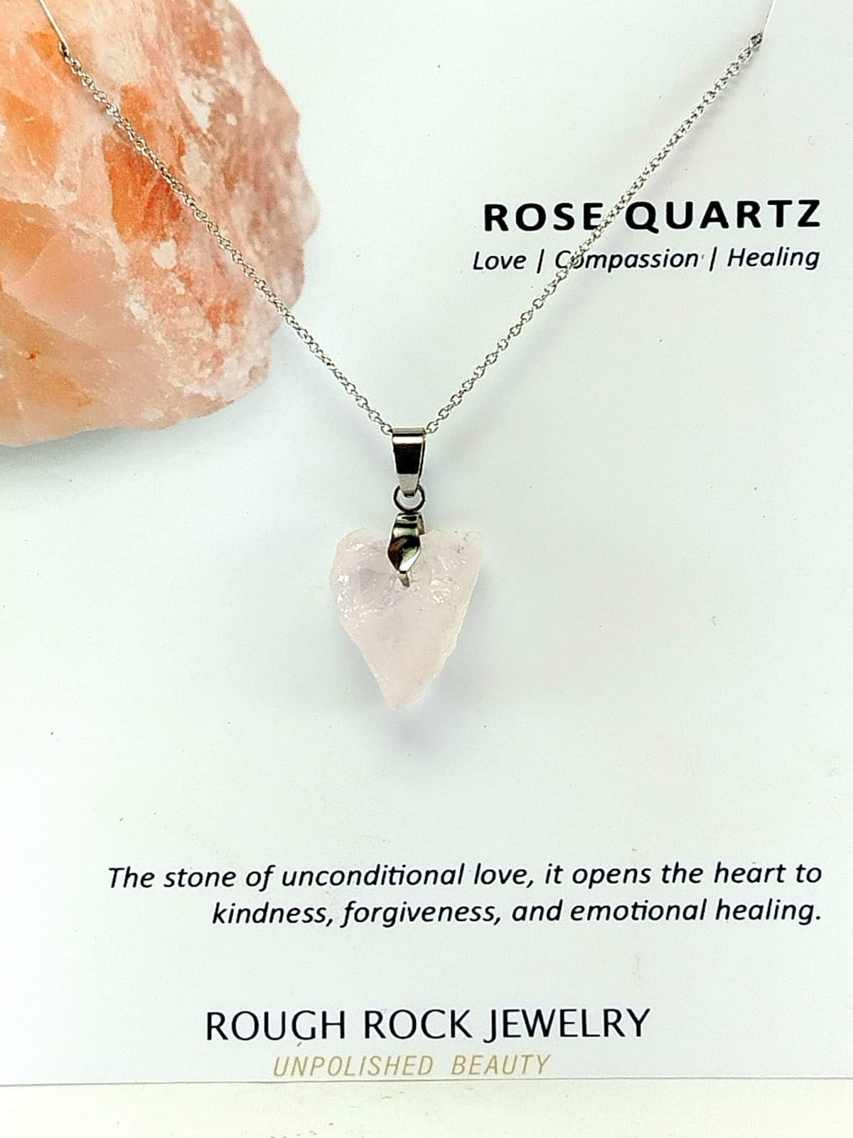 Rose Quartz Pendant Necklace, Stainless Steel