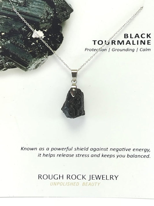 Black Tourmaline Pendant Necklaces, Stainless Steel