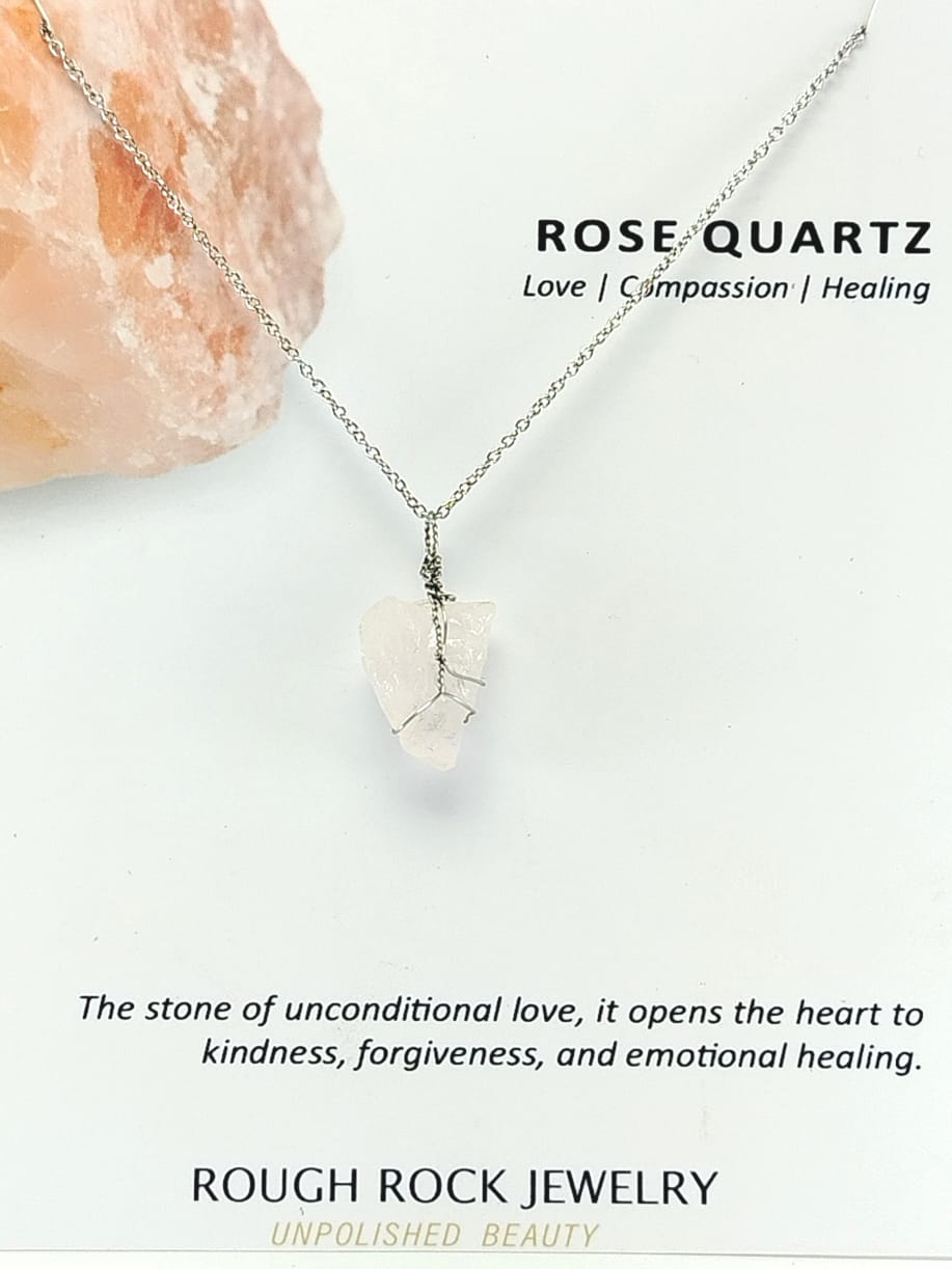 Rose Quartz Pendant Necklace, Stainless Steel
