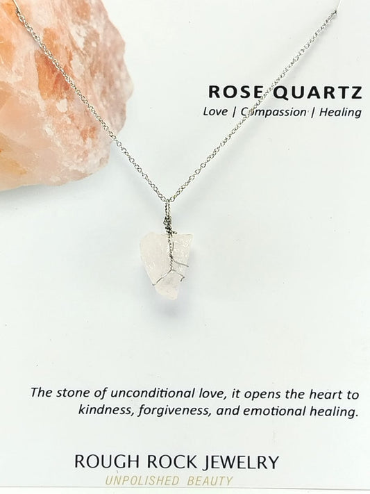Rose Quartz Pendant Necklace, Stainless Steel