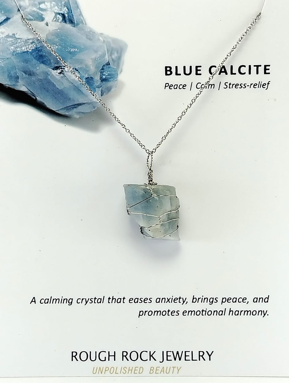 Blue Calcite Pendant Necklace, Stainless Steel