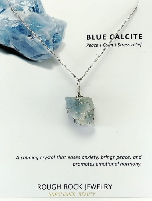 Blue Calcite Pendant Necklace, Stainless Steel