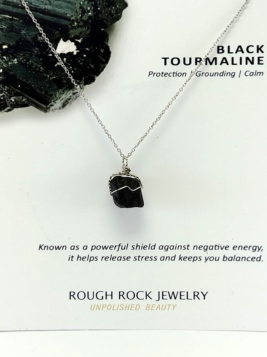 Black Tourmaline Pendant Necklaces, Stainless Steel