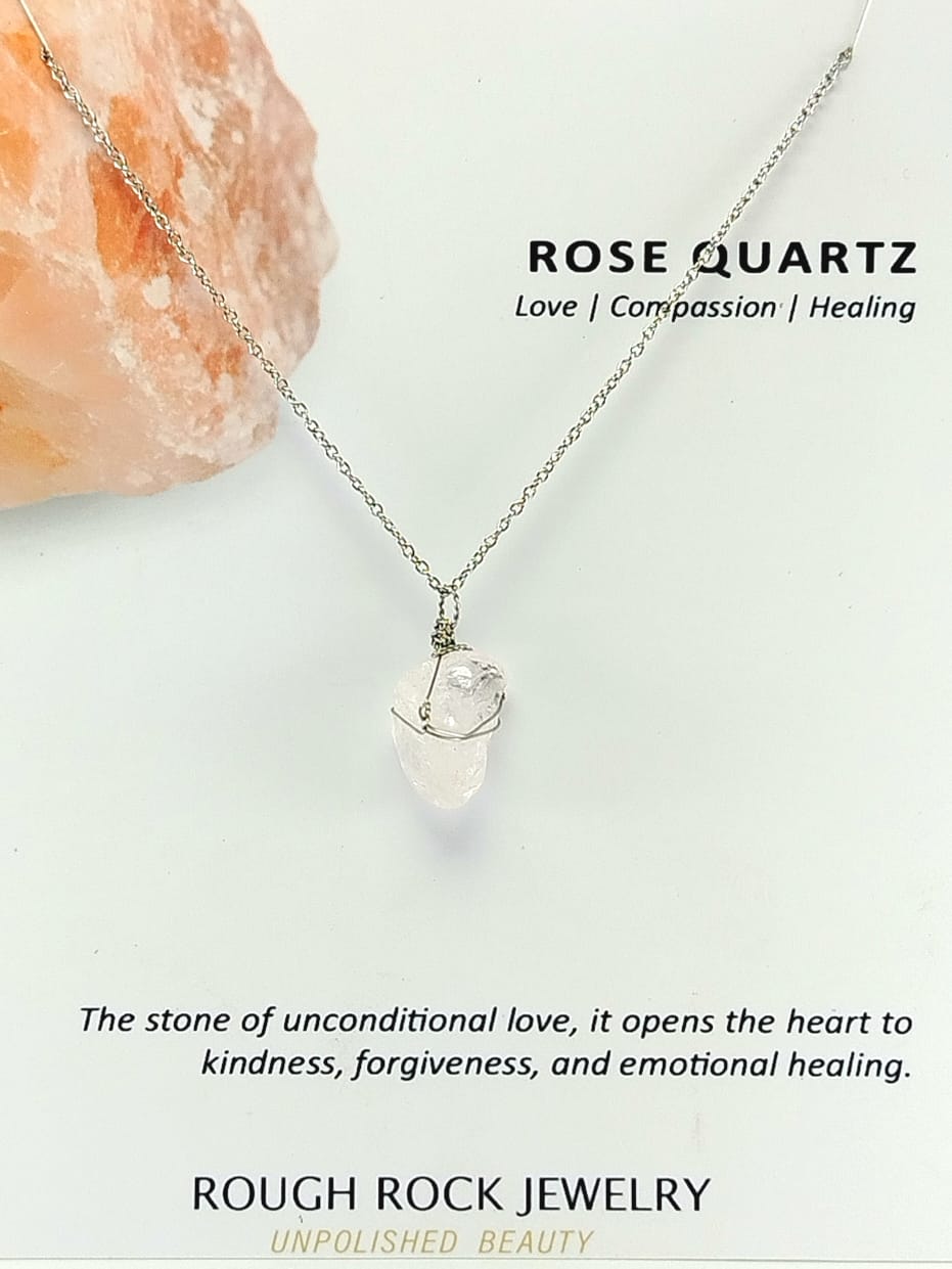 Rose Quartz Pendant Necklace, Stainless Steel