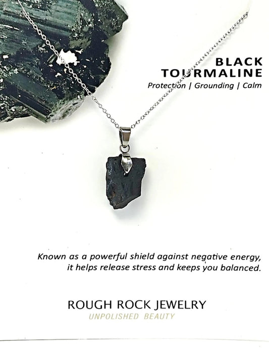Black Tourmaline Pendant Necklaces, Stainless Steel