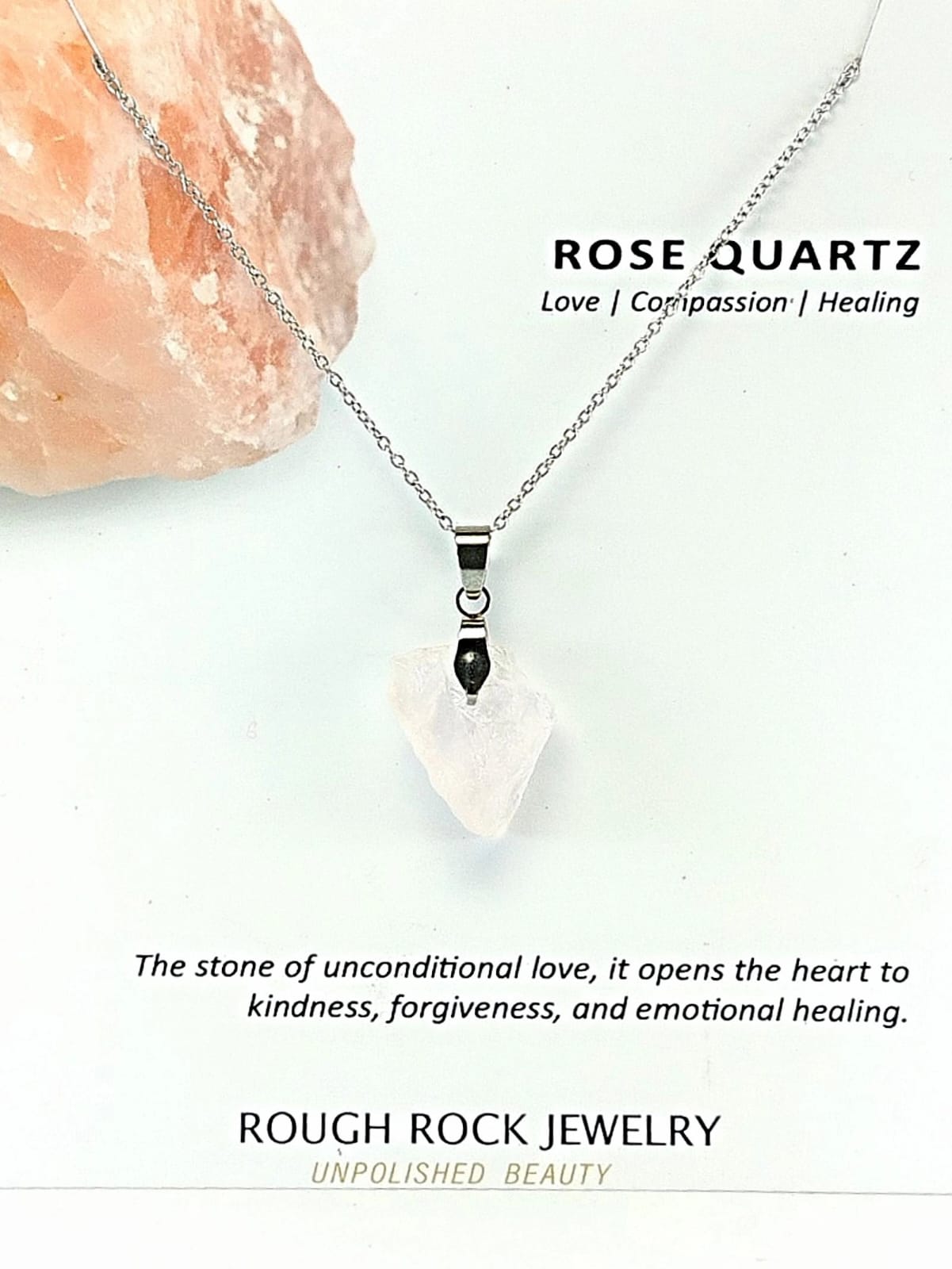 Rose Quartz Pendant Necklace, Stainless Steel