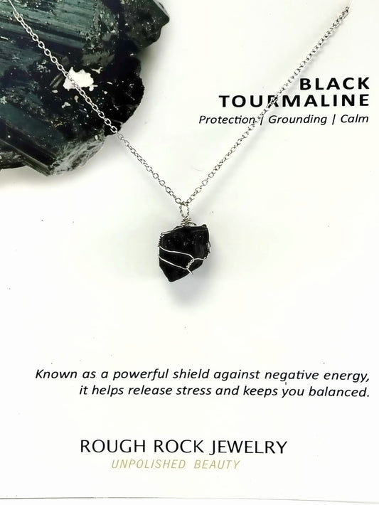 Black Tourmaline Pendant Necklaces, Stainless Steel