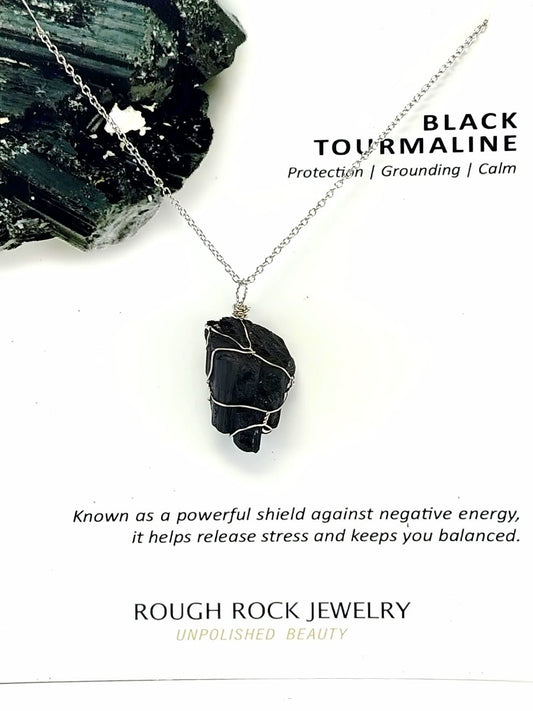 Black Tourmaline Pendant Necklaces, Stainless Steel