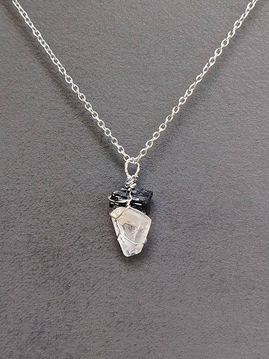 Black Tourmaline + Rose Quartz Mixed Pendant Necklaces, Stainless Steel