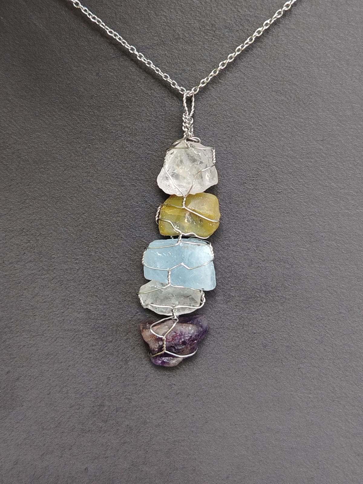 Rose Quartz + Olive Green Opal + Blue Calcite +Citrine + Amethyst Mixed Pendant Necklaces, Stainless Steel