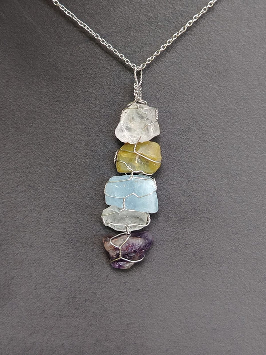 Rose Quartz + Olive Green Opal + Blue Calcite +Citrine + Amethyst Mixed Pendant Necklaces, Stainless Steel