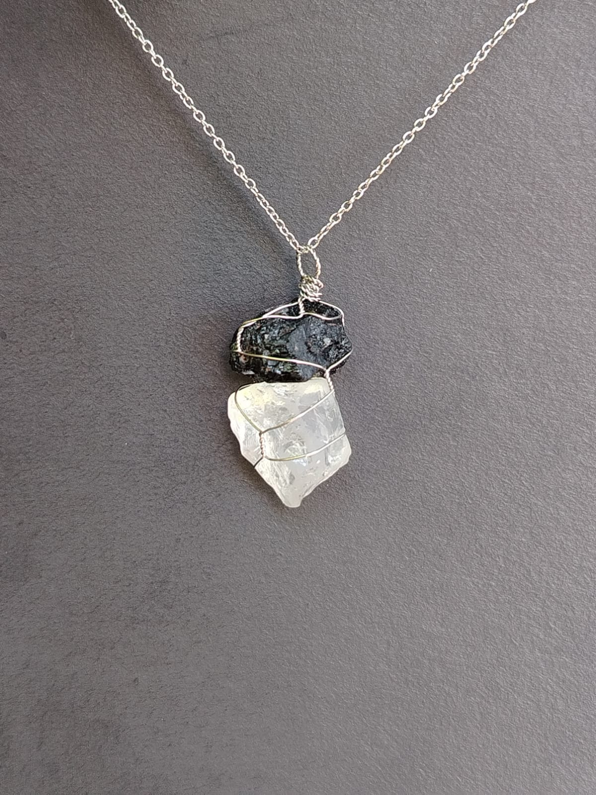 Black Tourmaline + Clear Quartz Mixed Pendant Necklaces, Stainless Steel