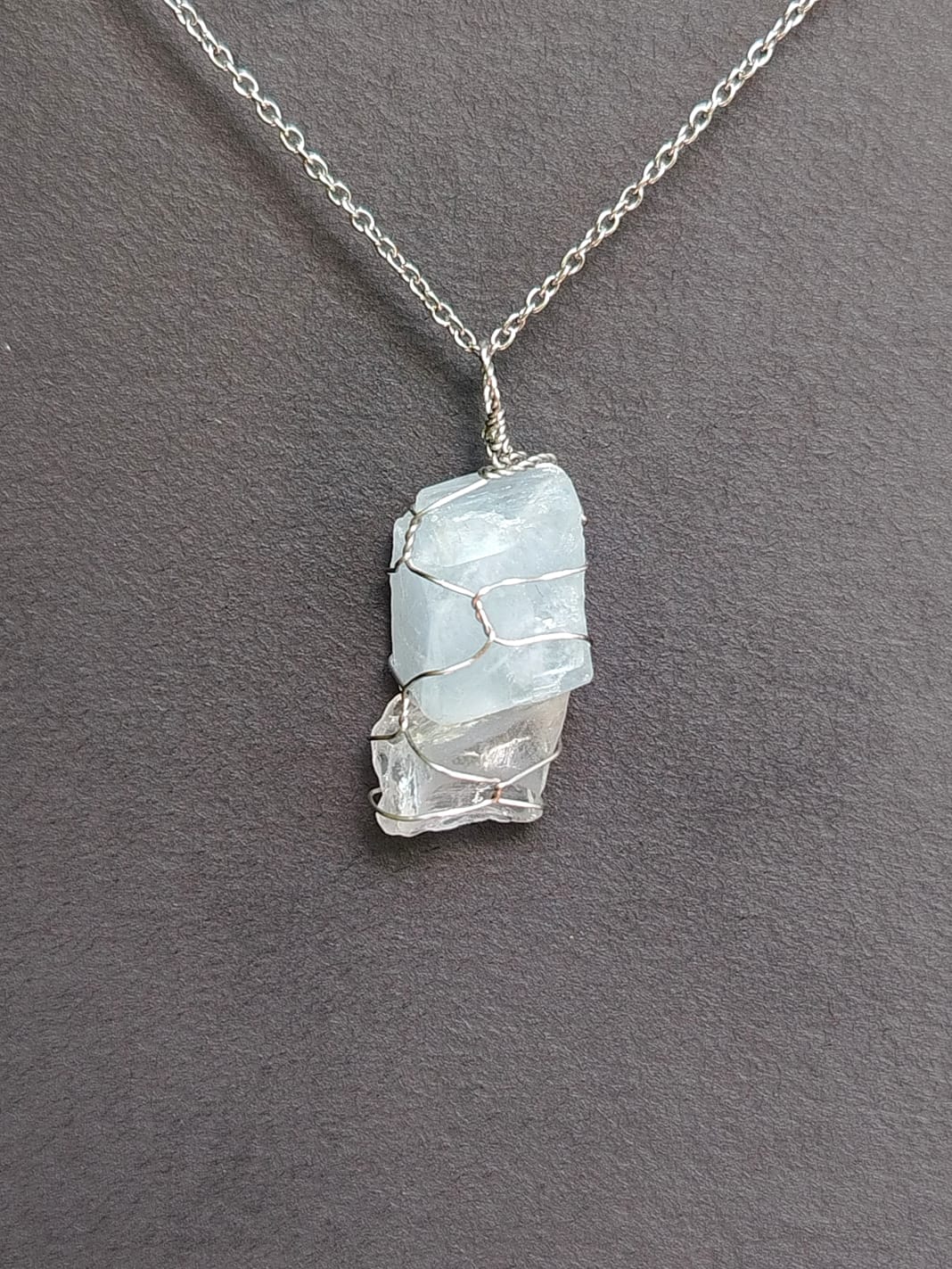 Blue Calcite + Clear Quartz Mixed Pendant Necklaces, Stainless Steel