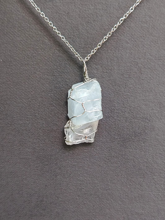 Blue Calcite + Clear Quartz Mixed Pendant Necklaces, Stainless Steel