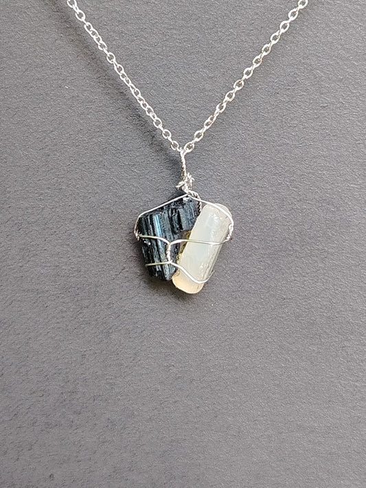 Black Tourmaline + Moonstone  Mixed Pendant Necklaces, Stainless Steel