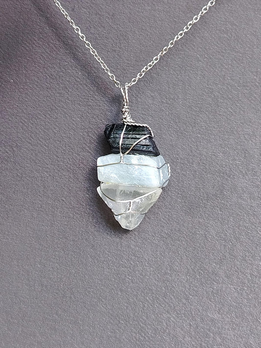 Black Tourmaline + Blue Calcite + Clear Quartz Mixed Pendant Necklaces, Stainless Steel