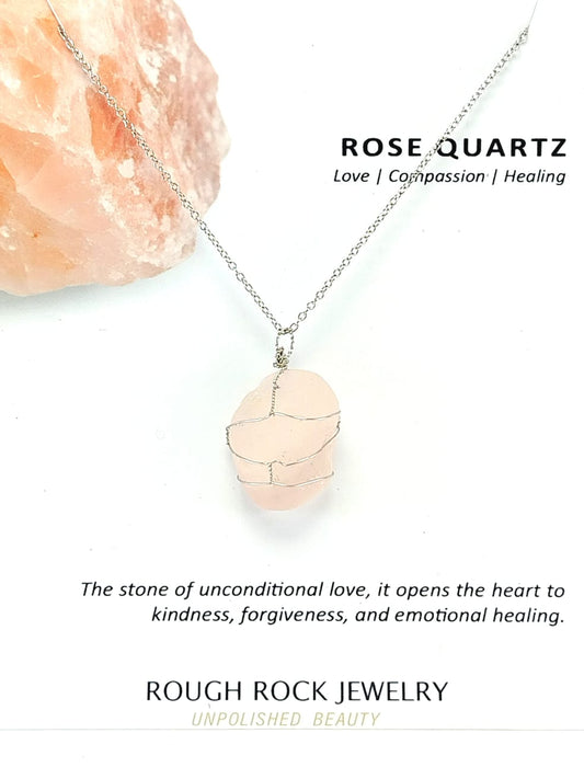 Rose Quartz Pendant Necklace, Stainless Steel