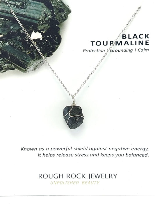 Black Tourmaline Pendant Necklaces, Stainless Steel