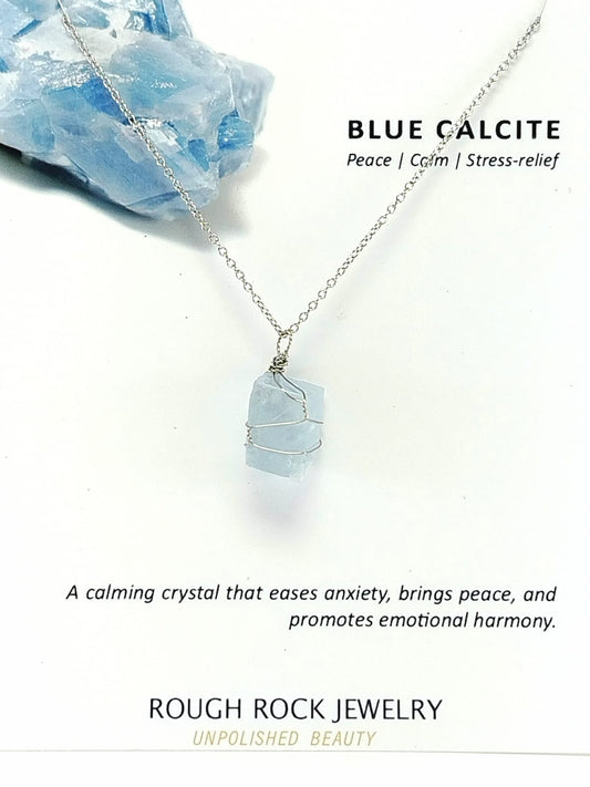 Blue Calcite Pendant Necklace, Stainless Steel