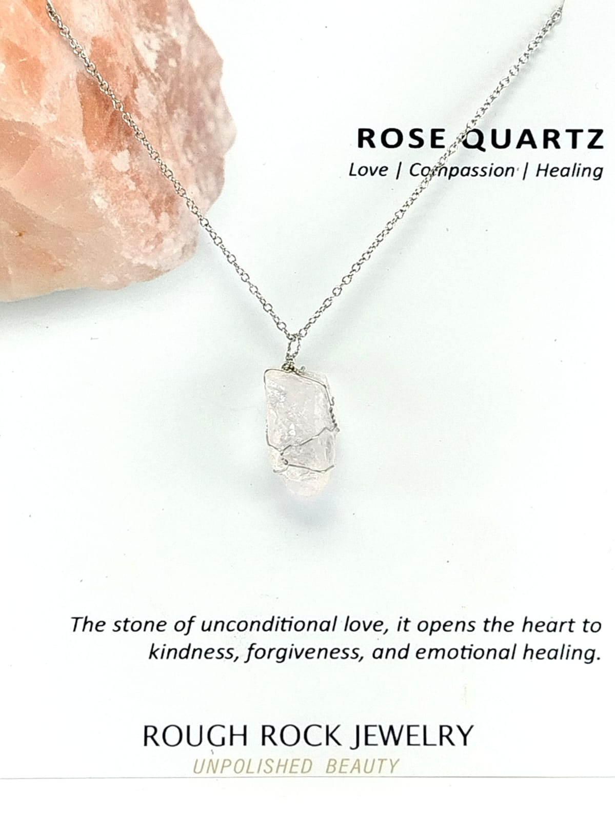 Rose Quartz Pendant Necklace, Stainless Steel