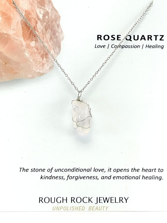 Rose Quartz Pendant Necklace, Stainless Steel