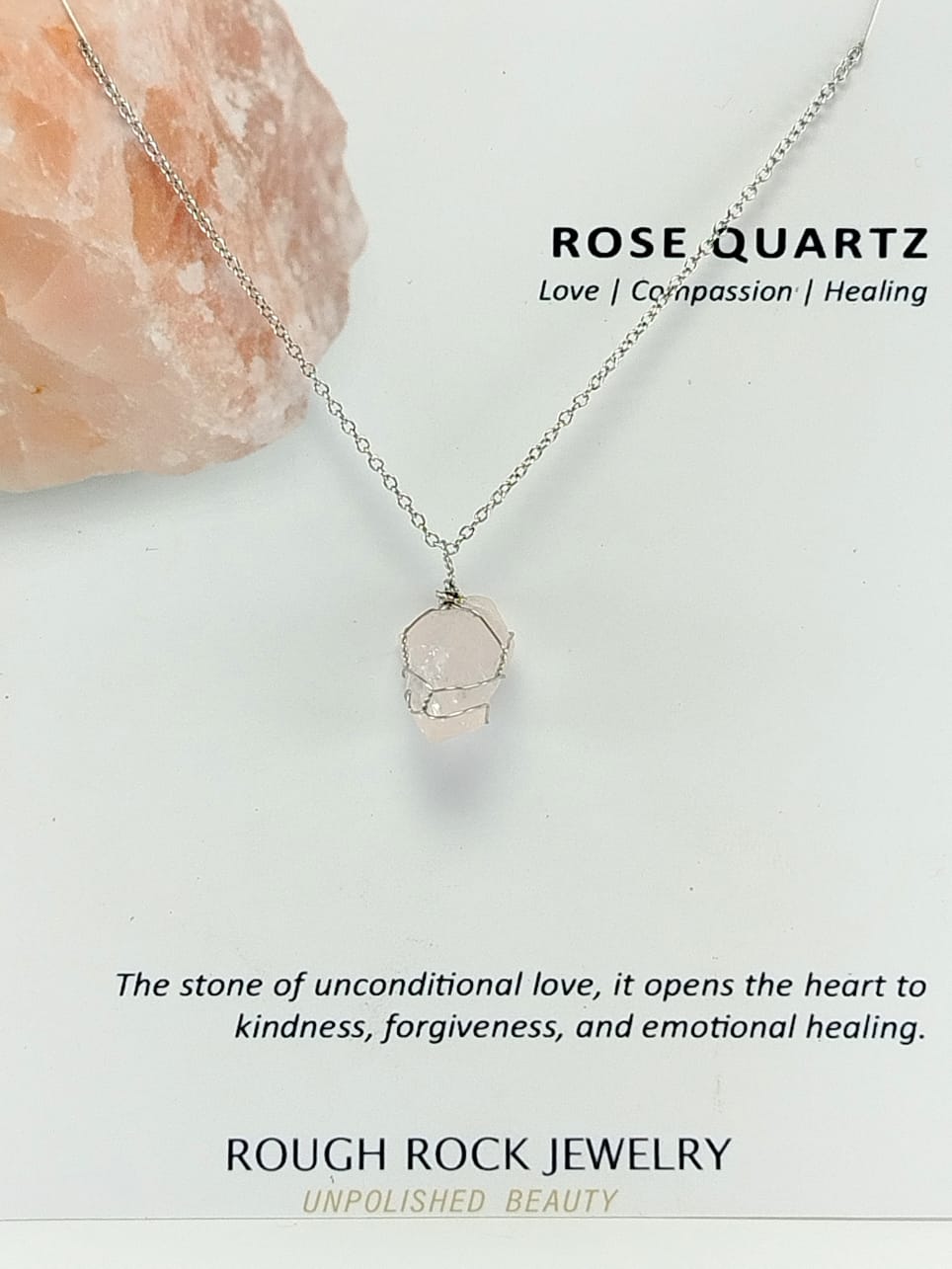 Rose Quartz Pendant Necklace, Stainless Steel