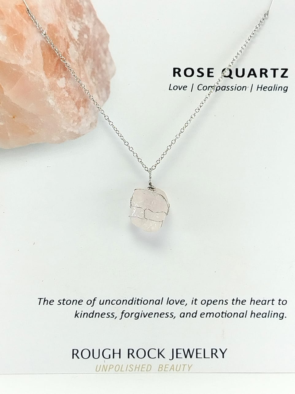 Rose Quartz Pendant Necklace, Stainless Steel
