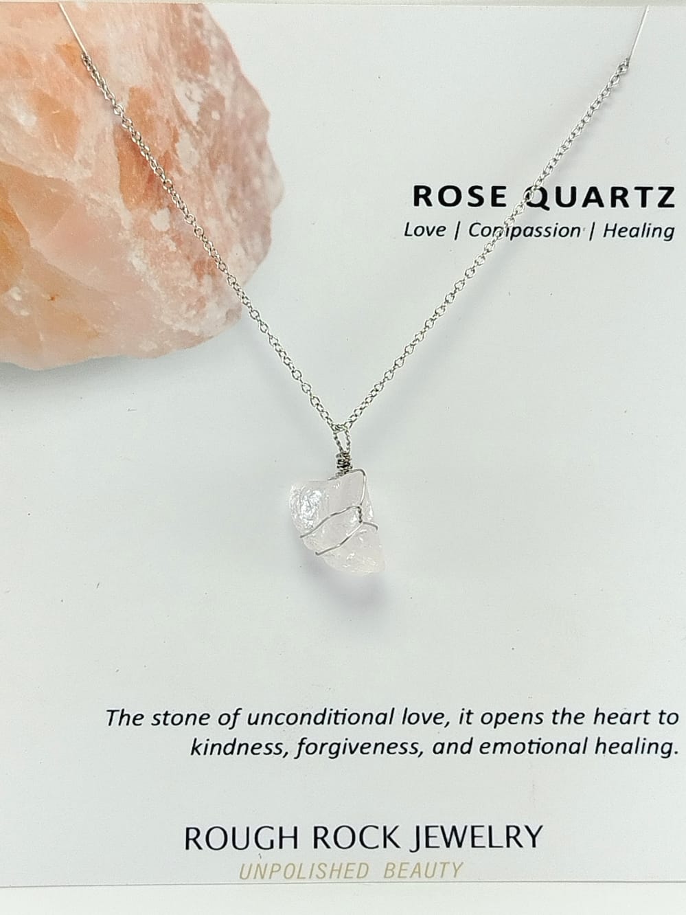 Rose Quartz Pendant Necklace, Stainless Steel