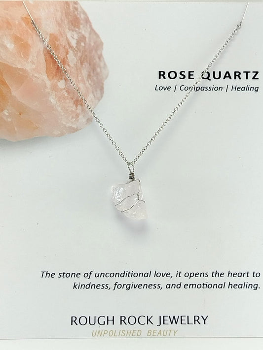 Rose Quartz Pendant Necklace, Stainless Steel