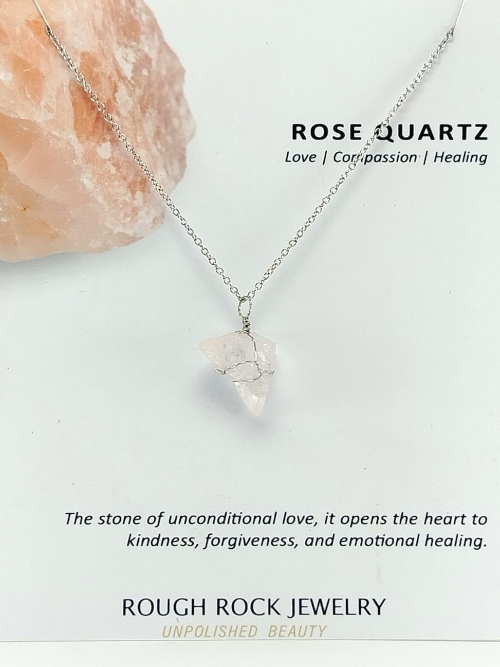 Rose Quartz Pendant Necklace, Stainless Steel