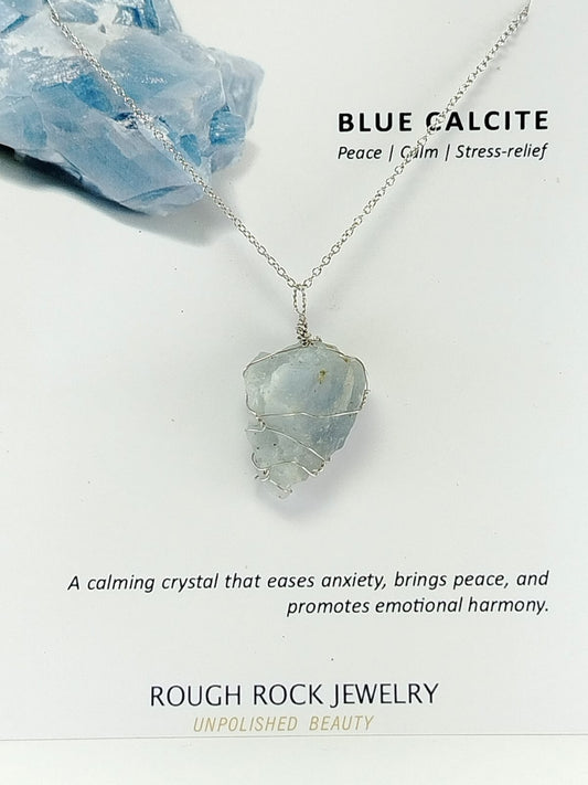 Blue Calcite Pendant Necklace, Stainless Steel