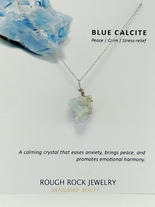 Blue Calcite Pendant Necklace, Stainless Steel