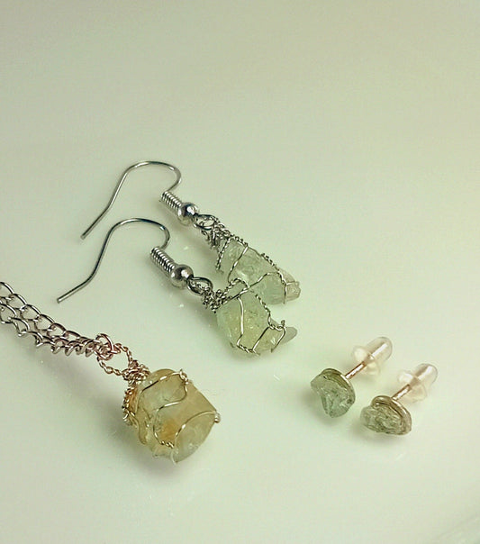 Aquamarine Jewelry Set – Pendant Necklace with Stud & Dangle Earrings, Stainless Steel