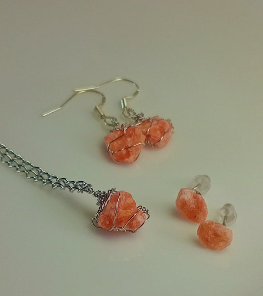 Sunstone Jewelry Set – Pendant Necklace with Stud & Dangle Earrings, Stainless Steel